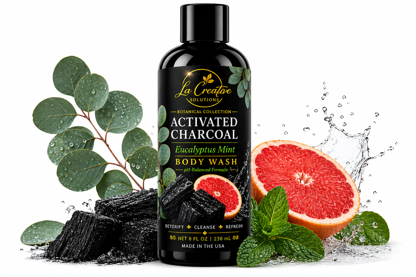 Eucalyptus Mint Activated Charcoal Body Wash in a matte black bottle with botanical ingredients