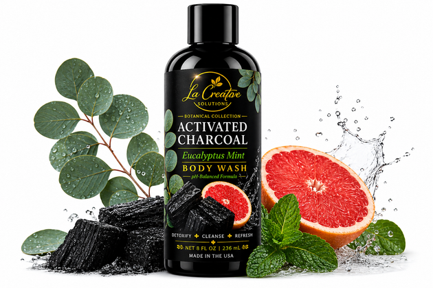 Eucalyptus Mint Activated Charcoal Body Wash in a matte black bottle with botanical ingredients