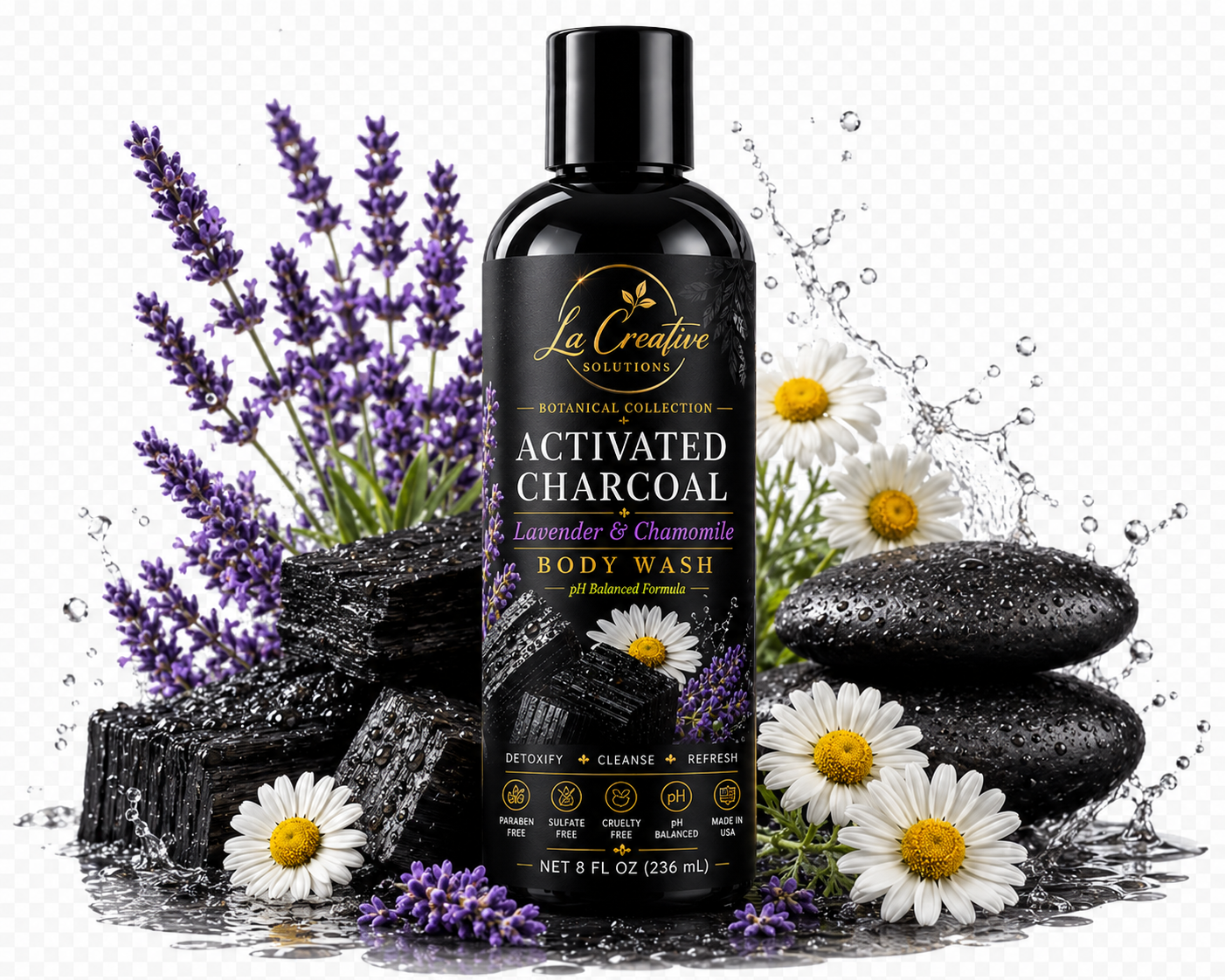 Lavender & Chamomile Activated Charcoal Body Wash in a matte black bottle with botanical ingredients. pH balance