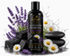 Lavender & Chamomile Activated Charcoal Body Wash in a matte black bottle with botanical ingredients. pH balance