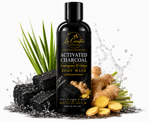 Lemongrass & Ginger Activated Charcoal Body Wash in a matte black bottle with botanical ingredients