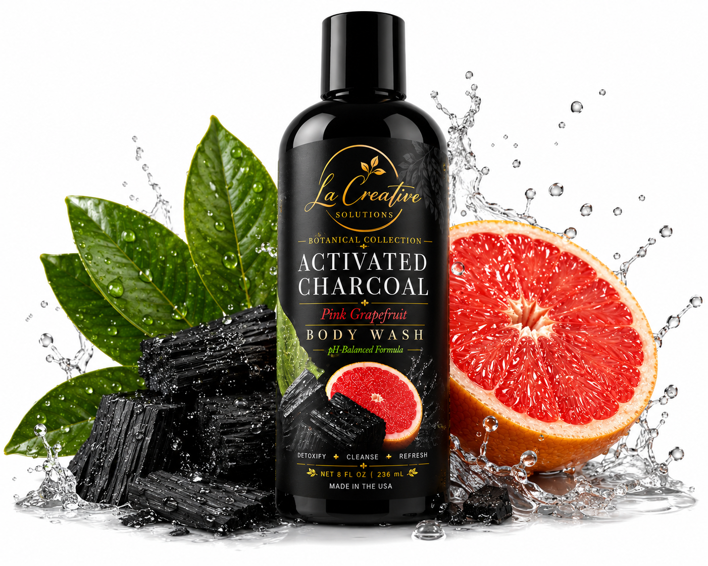 Pink Grapefruit Activated Charcoal Body Wash in a matte black bottle with botanical ingredients
