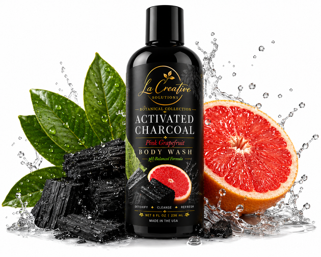 Pink Grapefruit Activated Charcoal Body Wash in a matte black bottle with botanical ingredients