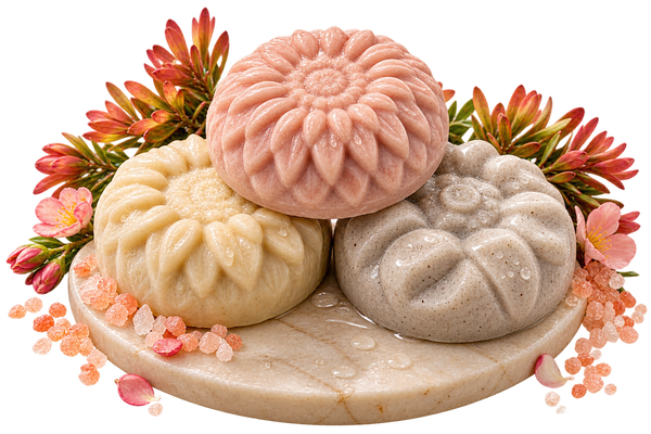 Three decorative flower-shaped soaps stacked on a round stone slab, surrounded by pink flowers and salt crystals on a white background.